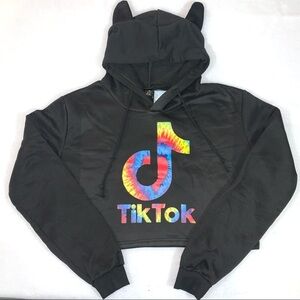 Tik Tok unbranded L hoodie black w colorful logo cropped fit long sleeve w ears